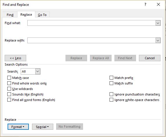 More options in The Find and Replace Dialogue Box