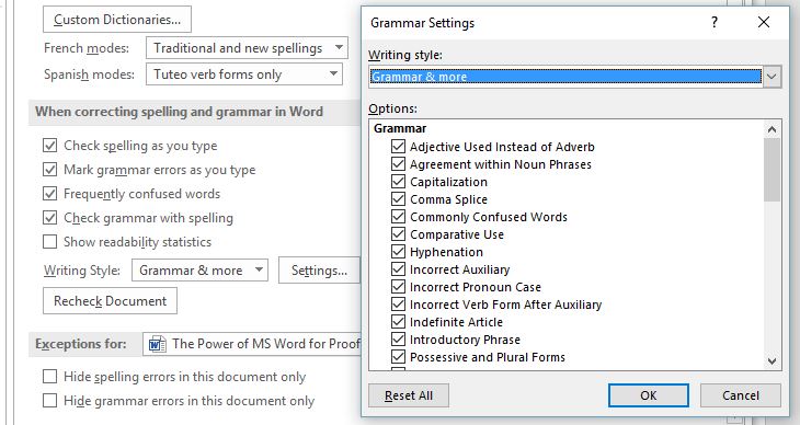 Screenshot of the options under Grammar and more in Word
