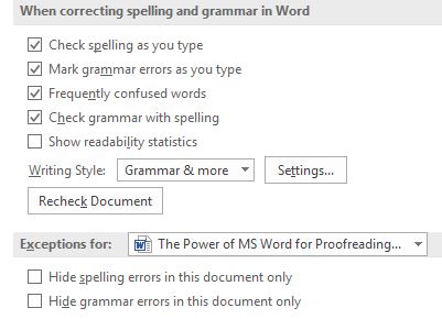 Screenshot of where to change the spelling and grammar checker settings in Word