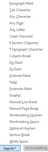 Special Options in the Find and Replace Dialogue Box